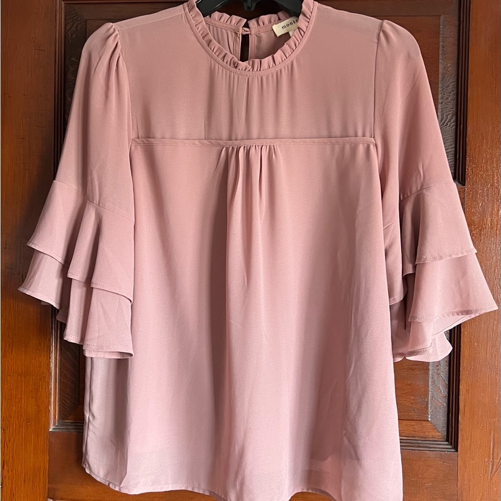 Monteau Pink Bell Sleeve Blouse with Ruffles